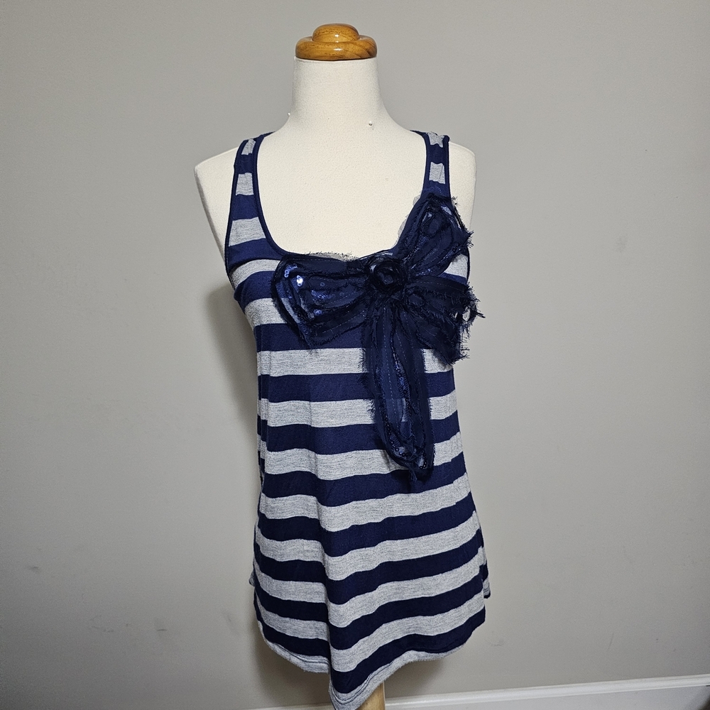 Annabelle USA Navy Gray Stripe Sequin Bow Racerback Tank Top Women's Medium Y2K